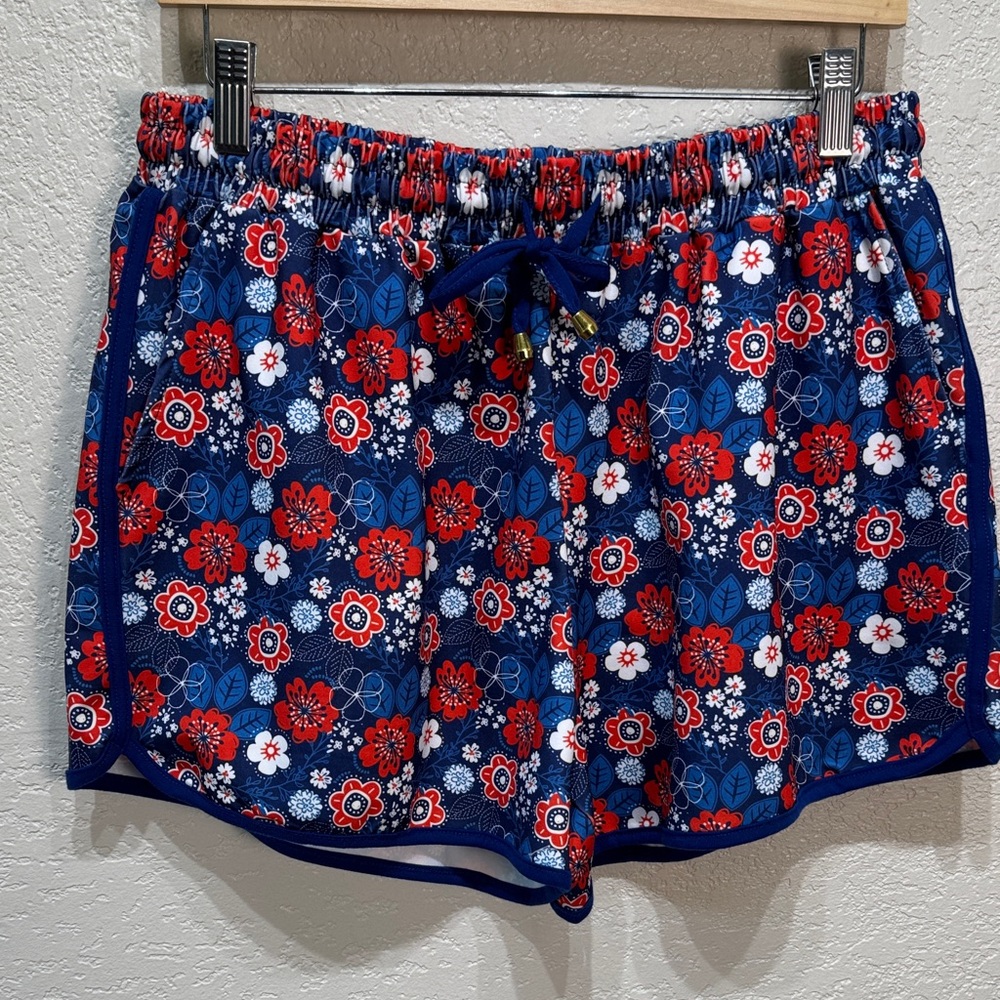 Jess Lea Women‎ XL Red Blue Floral Drawstring Elastic Waist Everyday Short NWT